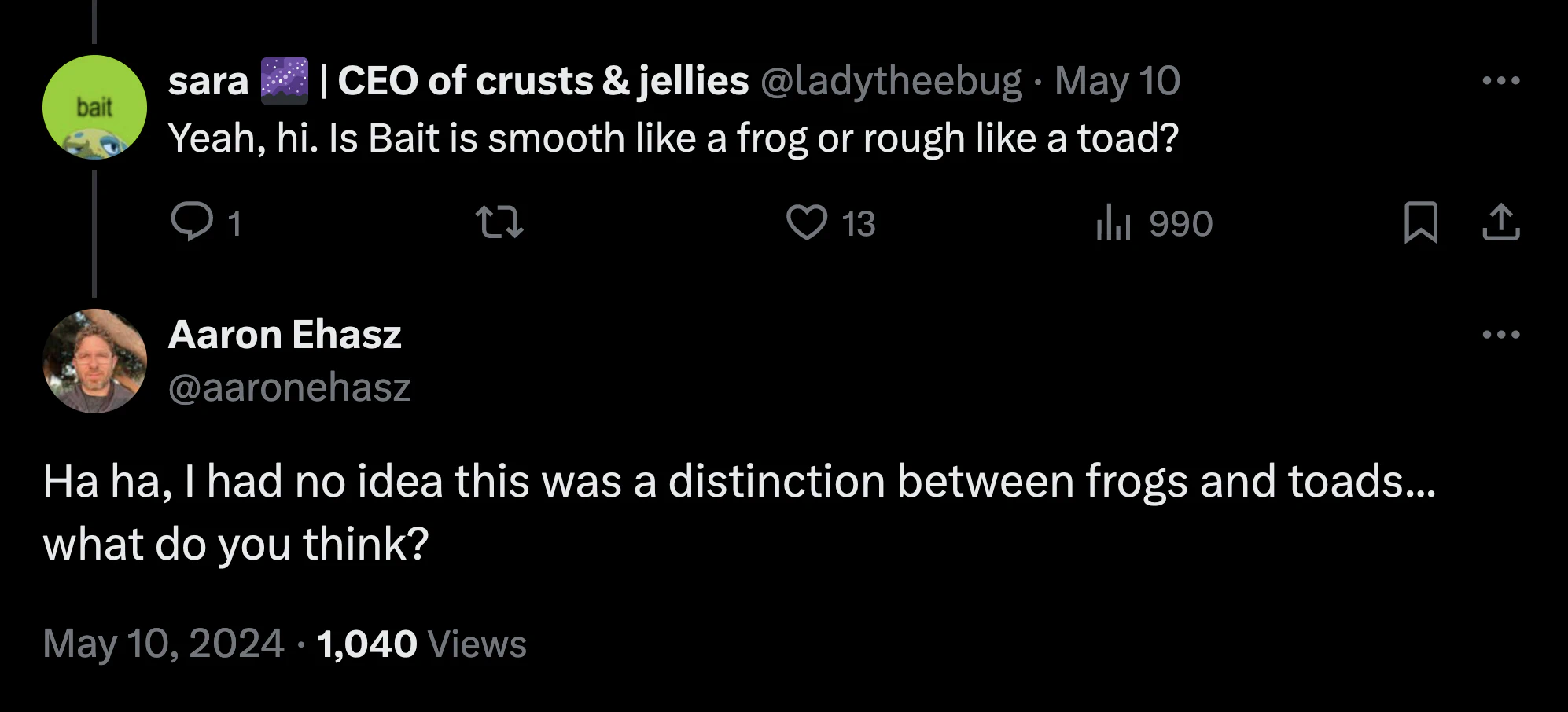 Twitter screenshot showing Aaron Ehasz confused about frogs and toads.