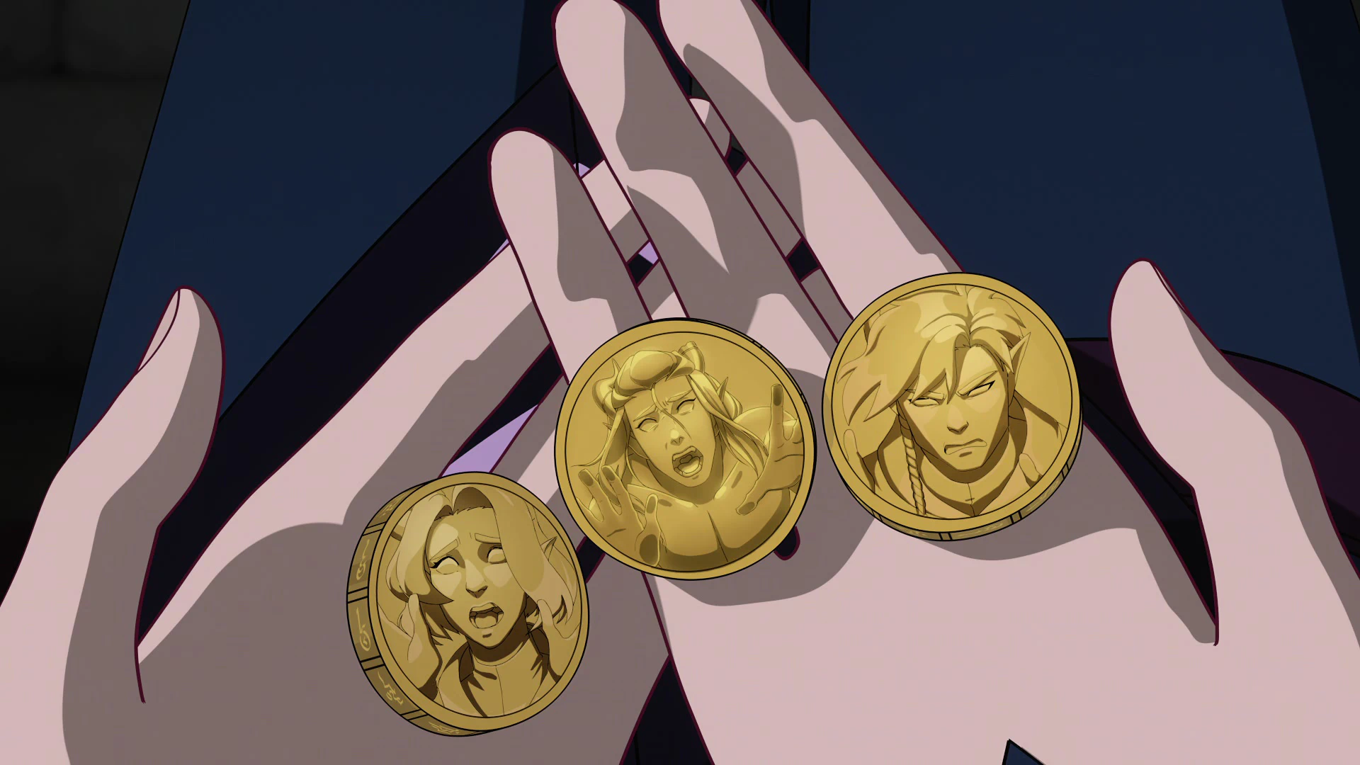 Rayla holding three magic coins.